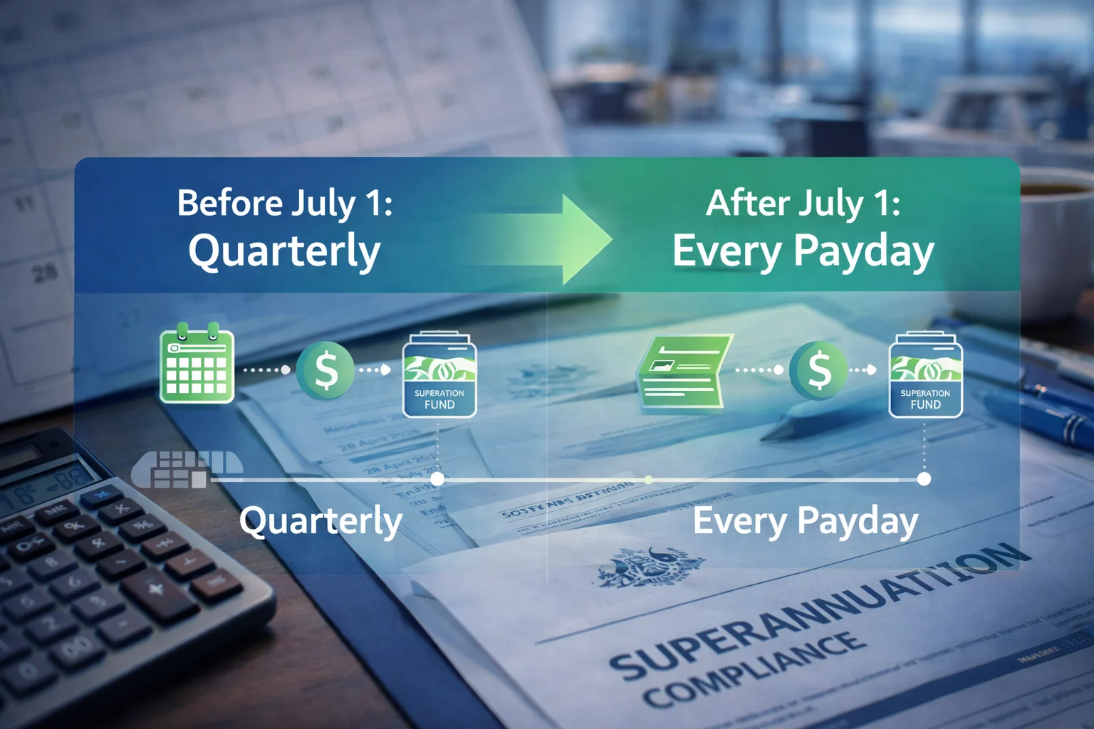 Business professional reviewing Payday Super compliance and superannuation changes for July 2026