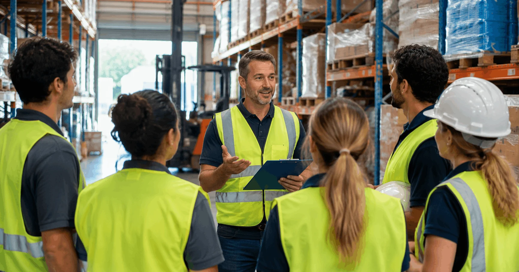 Safety manager conducting WHS induction with labour hire workers in an Australian warehouse
